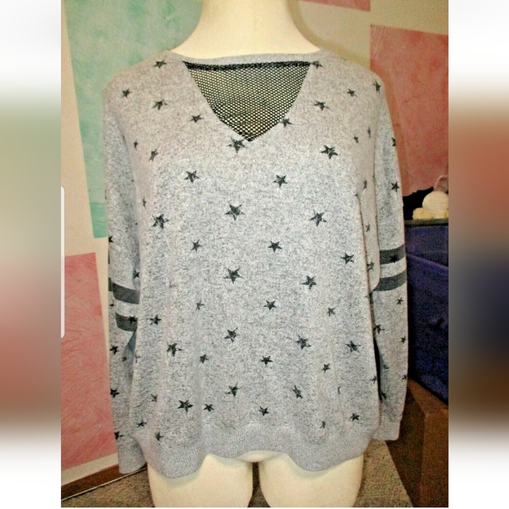 INSPIRED HEARTS Gray Black Mesh Chest Star Print Pullover Stretch Sweater 3X
